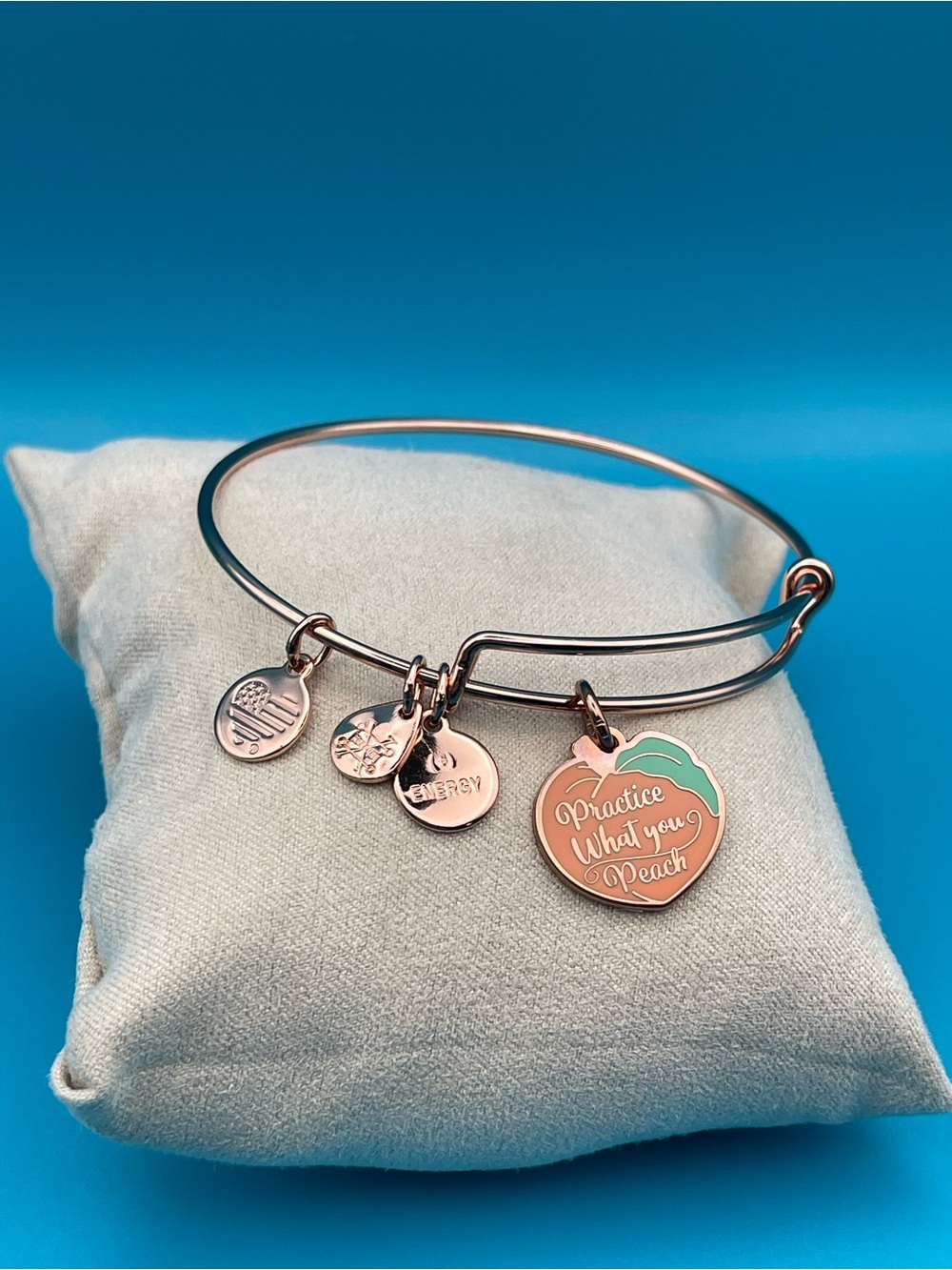 Alex and Ani Rose Gold Peach Charm Bangle with Aqua Leaf Accent